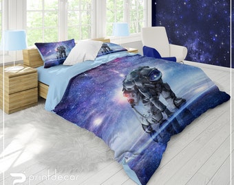 Better Home Style Blue Spaceship Rocket Spacecraft Universe Galaxy Cosmos Planets Themed Kids/Boys/Toddler 2 Piece Coverlet Bedspread Quilt Set with Pillowcase # Spaceship Twin