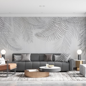 Abstract Leaves WALLPAPER, Gray Palms Leaves Wall Covering, Silver Wall Art Decor Print Poster, Removibile Peel & Stick Wall Mural