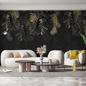 Goldene und schwarze Palmblätter TAPETE, Florale Wandbedeckung, 3D Tapete, Luxus Marmor Wand dekor, Peel & Stick Wand wandbild