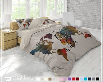 Bohemian Bedding, Watercolor Grunge world Map Duvet Cover Set, Travel Map Bedding, Twin, Full, Queen, King Bohemian Bedding