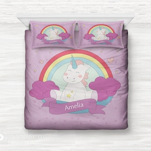 Kids Bedding , Personalized Duvet Cover Set, Monogrammed Unicorn Bedding Set, Girl Bedroom Decor, Twin, Full, Queen Rainbow Bedding image 1