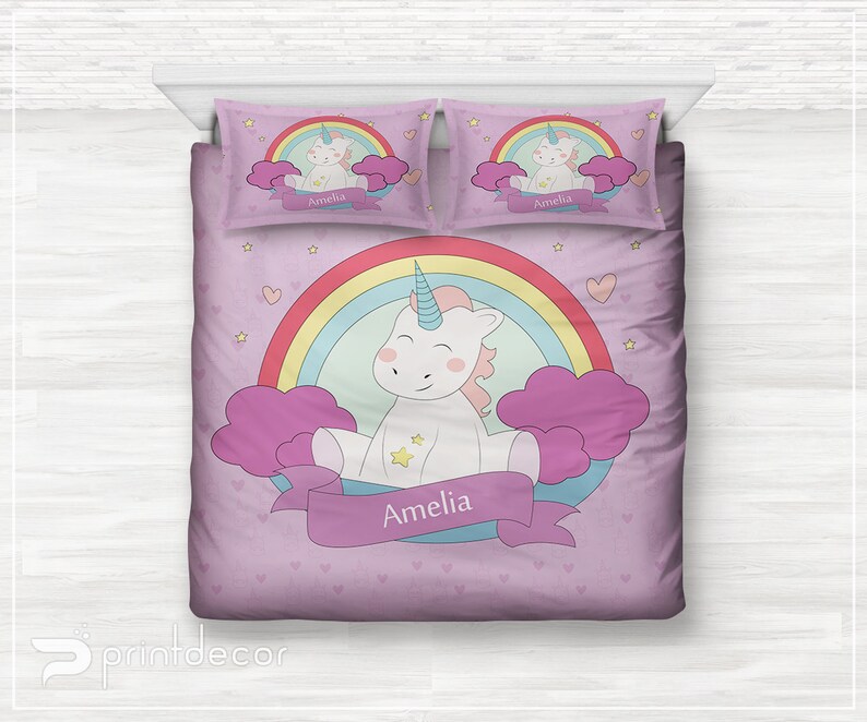 Kids Bedding , Personalized Duvet Cover Set, Monogrammed Unicorn Bedding Set, Girl Bedroom Decor, Twin, Full, Queen Rainbow Bedding image 1