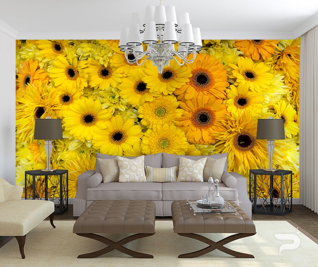 Yellow Flowers WALL MURAL, Sun Flowers Wallpaper Mural, Large Wall