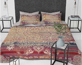 Boho Mandala Bedding Set, Boho chic red and cream vintage mandala Duvet Cover Set, Bohemian 3 piece duvet cover set