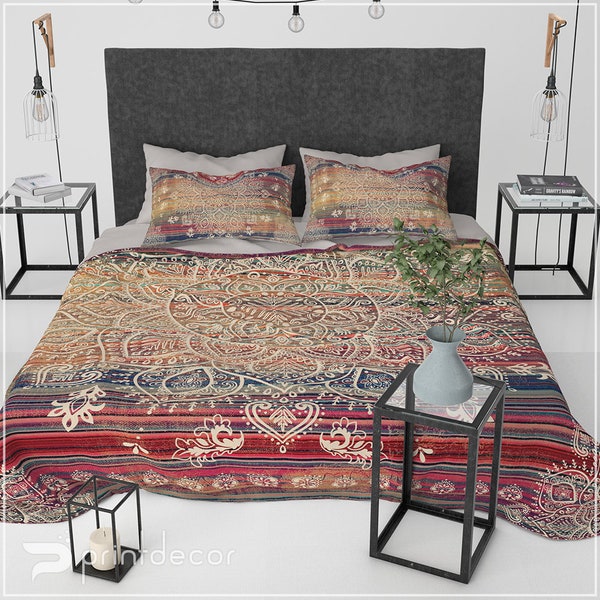 Boho Mandala Bedding Set, Boho chic red and cream vintage mandala Duvet Cover Set, Bohemian 3 piece duvet cover set