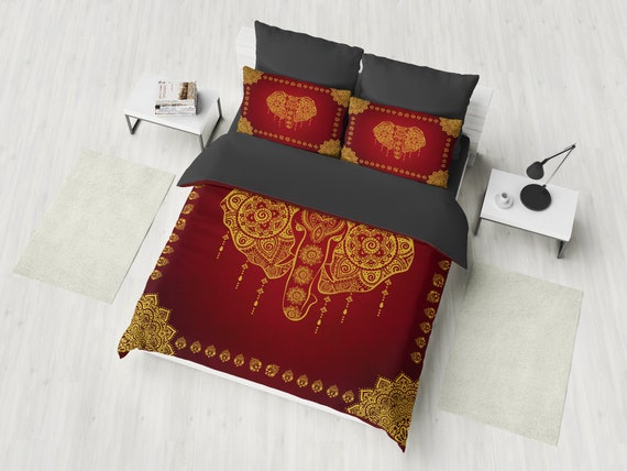 Elephant Bedding Gold Dark Red Elephant Bedding Bohemian Etsy