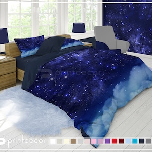 Night sky Stars Bedding Set, Clouds Duvet Cover Set, Blue stars Bedding, Galaxy Bedroom Decor, Universe Twin, Full, Queen, King Bedding
