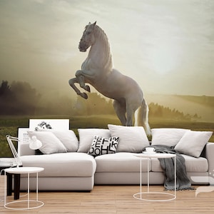 White Stallion WALL MURAL, Bronco Wall Covering, Mustang Wall Art Print Poster, Removable and Reusable, Peel & Stick Horse Wallpaper Mural