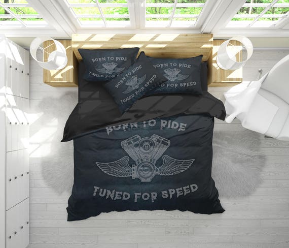 3D Bedding Set Harley Motor Style Motorbike and Skeleton Rider With USA Flag 