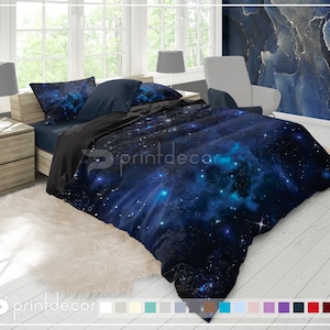 Dark Blue Stars Galaxy Bedding Set, Blue Nebula Galaxy Duvet Cover Set, Space Bedding, Galaxy Bedroom Decor, Twin, Full, Queen, King Bedding