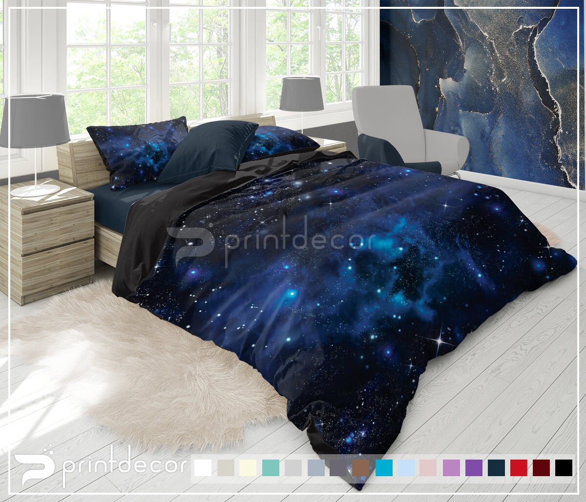 Dark Blue Stars Galaxy Bedding Set Blue Nebula Galaxy Duvet Etsy