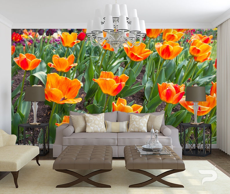 Orange Tulips WALL MURAL Flowers Wallpaper Mural Large Wall Etsy