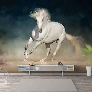 White Stallion WALL MURAL, Horse Wallpaper, Wild Bronco Wall Mural, Large Mural, Wild Horse Wall Decor, Removable Peel & Stick Mural, Poster