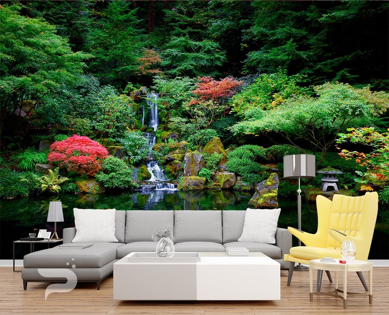 Japanese Garden WALL MURAL Spring Lake Wallpaper Green Etsy