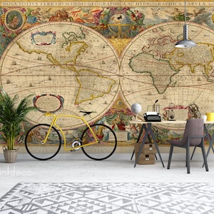 Mooie oude wereldkaart MUURSCHILDERING, kleurrijke kaart behang, vintage nautische kaart reproductie kunst aan de muur print poster, peel & stick muurschildering