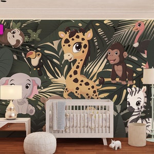 Nursery Wallpaper, Jungle Animals WALLPAPER, Cartoon Wall Art for Children, Kids Wall Decor, Tropical Peel & Stick Decor for Toddlers