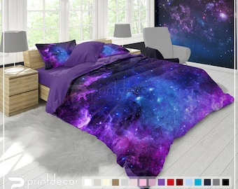 Purple Nebula Bedding Set, Galaxy Duvet Cover Set, Deep Space Bedding, Cosmos Bedroom Decor, Universe Bedding, Twin, Full, Queen, King