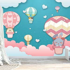 Bold Dreams WALLPAPER, Nursery Wallpaper, Hot Air Balloon Wall Art Decor for Girl Boy, Peel & Stick Mural, Cute Cartoon Animals Adventure