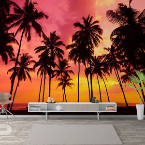 Carribean Beach WALL MURAL, Beach Sunset, Palms Island Beach Wall Mural, Large Mural, Removable Self Adhesive Peel & Stick Photo Mural