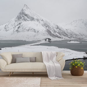 Foggy Winter Mountain WALL MURAL, Norway Wallpaper Mural, Self Adhesive Peel & Stick Mural, Snowy Mountain Wall Decor, Large Wall Murals