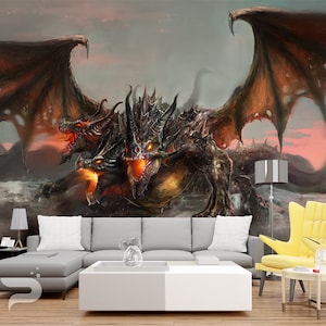 Three-Headed Dragon WALL MURAL, Abstract Wall Covering, Dragon Wall Art Print Poster, Removable and Reusable, Peel & Stick Wallpaper Mural