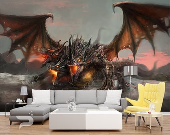 Three-Headed Dragon WALL MURAL, Abstract Wall Covering, Dragon Wall Art Print Poster, Removable and Reusable, Peel & Stick Wallpaper Mural