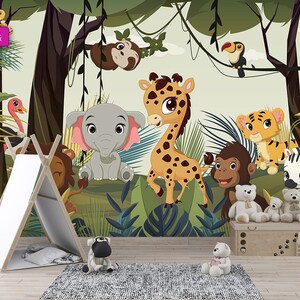 Kinderzimmer Tapete, Safari Tiere TAPETE, Dschungel Wandkunst für Kinder, Cartoon, Kinder Wand Dekor, Tropische Peel & Stick Dekor