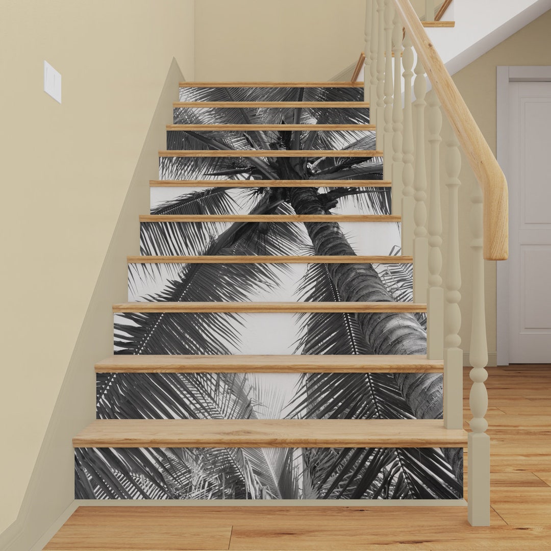 Black and White Palm STAIRS MURAL, Peel & Stick Stair Risers Decal, 3D ...