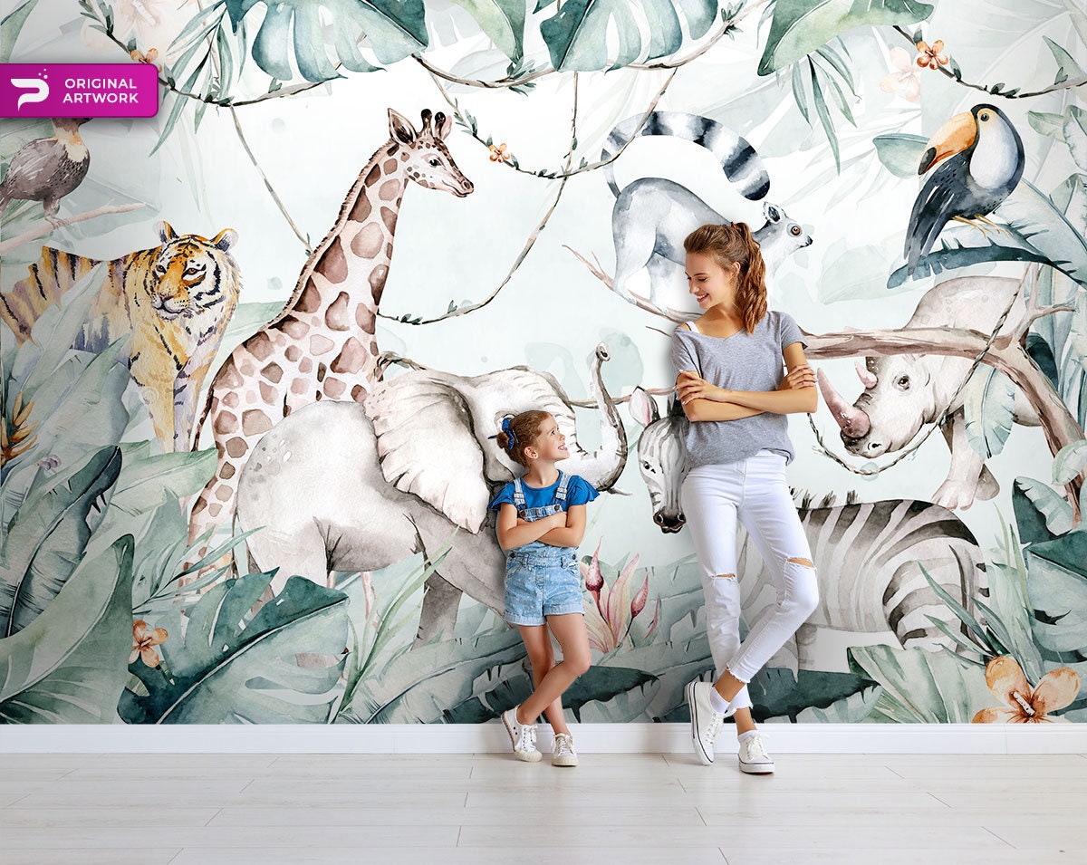 Jungle Wallpaper, Safari WALLPAPER, Tropical Forest Wall Art for Girls and  Boys, Exotic Animals Wall Decor, Peel \u0026 Stick Mural for Children - Etsy  México, image size:1200x955