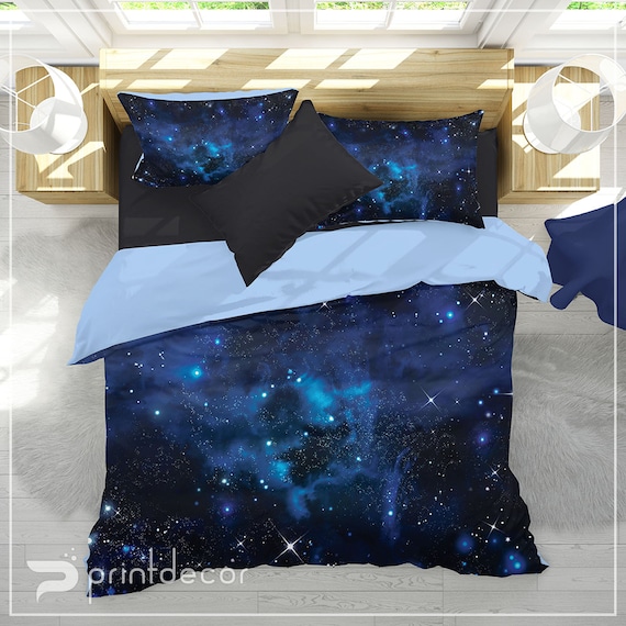 Dark Blue Stars Galaxy Bedding Set Blue Nebula Galaxy Duvet Cover