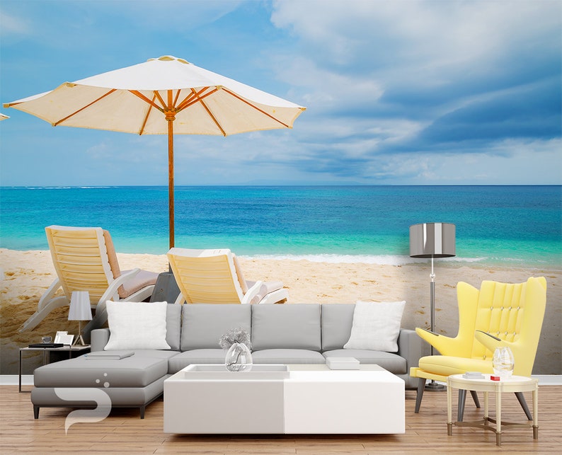 Beach Chairs WALL MURAL Beach Umbrella Sunset White Sand Etsy
