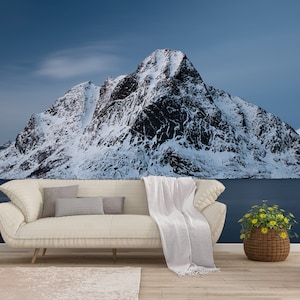 Snowy Peak WALL MURAL, Winter Mountain Norway Wallpaper Mural, Self Adhesive Peel & Stick Mural, Mountain Wall Decor, Large Wall Murals