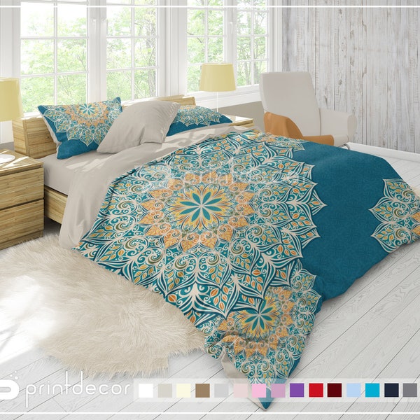 Mandala Bedding Set, Boho teal and orange floral mandala Duvet Cover Set, Boho Bedroom Decor, College Bedding, Twin, Full, Queen, King