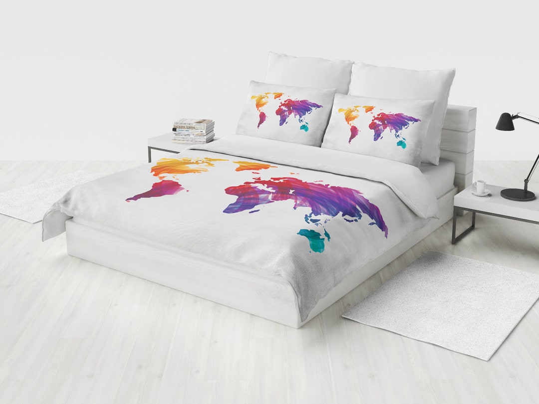 World Map Bedding Watercolor Map Duvet Cover Set Map - Etsy