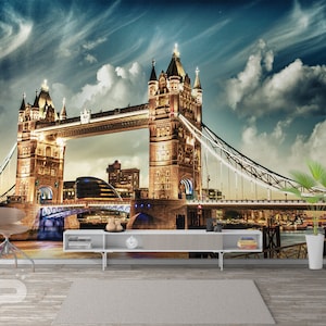 London Tower Bridge WALL MURAL, Europe Wall Covering, England Wall Art Print Poster, Removable and Reusable, Peel & Stick Wallpaper Mural