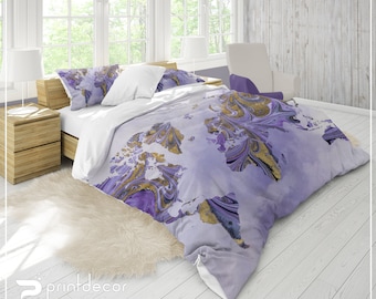 Travel Map Bedding, Purple and gold Marble Map Duvet Cover Set, Custom Quote Bedroom Home Decor, Twin, Full, Queen, King