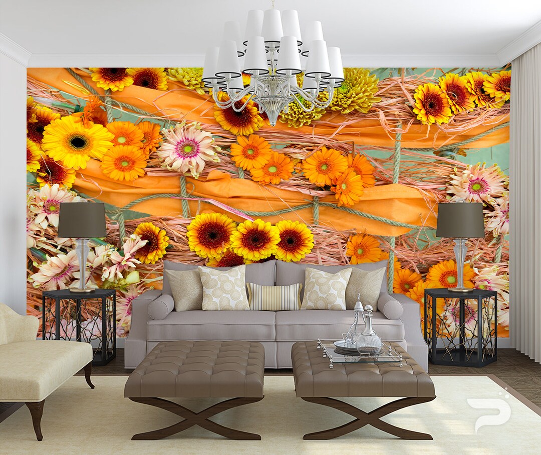 Floral WALL MURAL, Yellow Flowers Wallpaper Mural, Large Wall Mural, Self Adhesive Peel & Stick