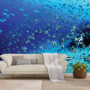 Underwater Fish WALLPAPER MURAL, Coral Reef Wall Mural, Large Wall Mural, Self Adhesive Peel & Stick Mural, Great Barrier Reef Wall Covering