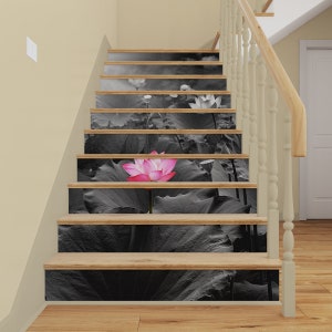 Nénuphar noir et blanc ESCALIER MURAL, Peel and Stick Stair Risers Decal, 3D Staircase Mural, Stairway Decor Removable Wallpaper Sticker