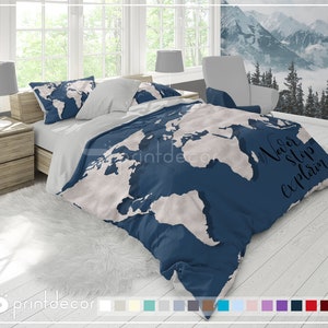 Travel Map Bedding, Admiral blue silver adventure Map Duvet Cover Set, Custom Quote Bedroom Home Decor, Twin, Full, Queen, King