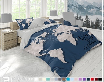 Travel Map Bedding, Admiral blue silver adventure Map Duvet Cover Set, Custom Quote Bedroom Home Decor, Twin, Full, Queen, King