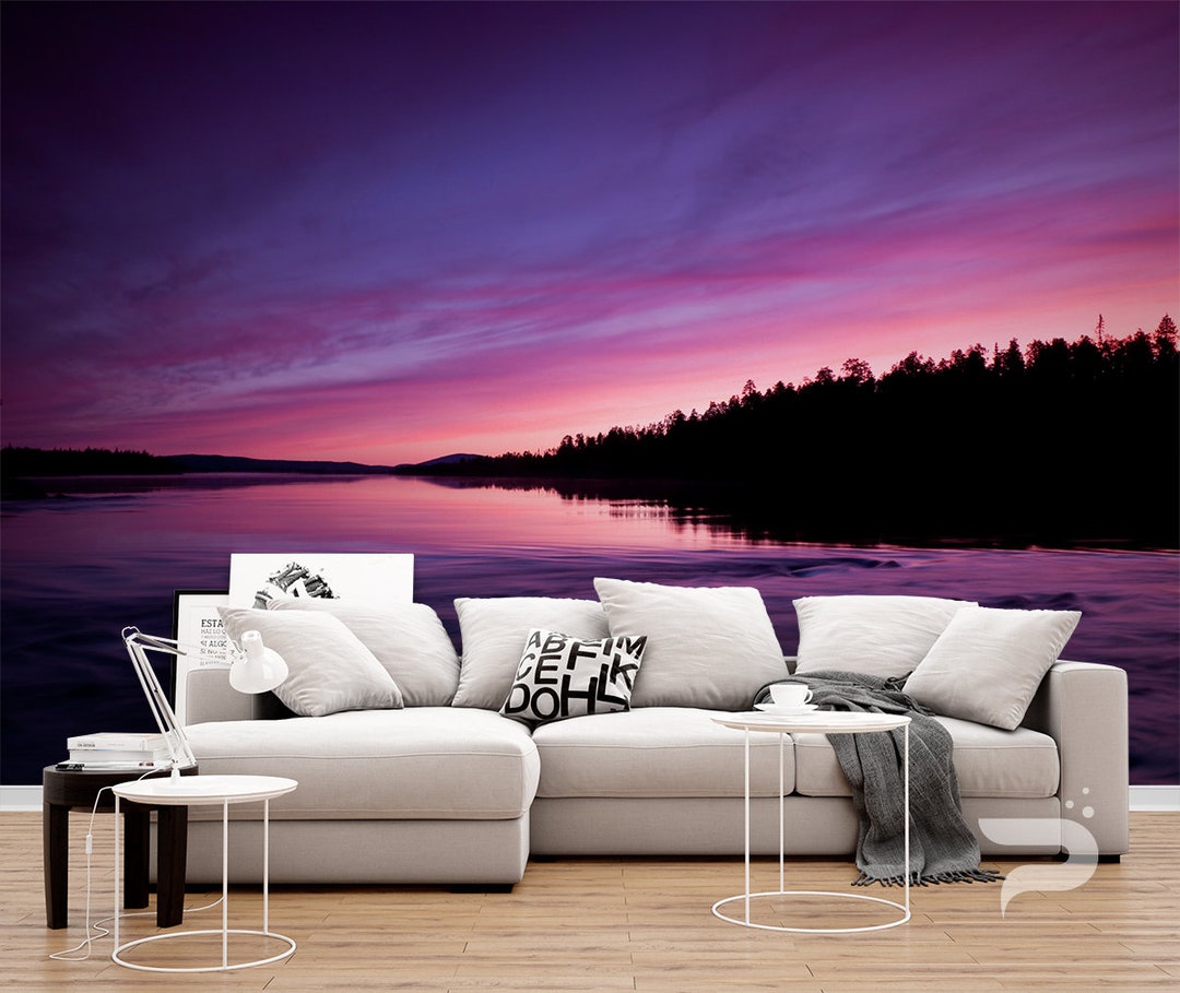 Purple Lake Sunset MURAL, Forest Lake Wallpaper Mural, Large Wall Mural ...