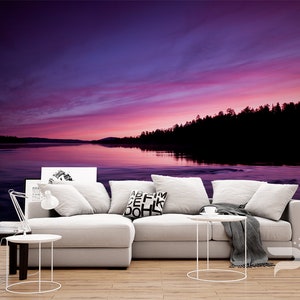 Purple Lake Sunset MURAL, Forest Lake Wallpaper Mural, Large Wall Mural, Self Adhesive Peel & Stick Photo Mural, Colorful Sunset Wall Mural