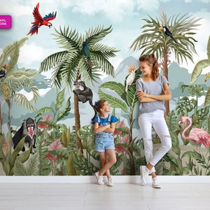 Tropical Animals Wallpaper, Safari WALLPAPER, Watercolor Wall Art for Children Kids, Nursery, Lion, Giraffe, Elephant, Parrot, Peel & Stick