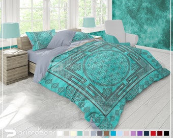 Boohoo Bedding, Bohemian aquamarine green Duvet Cover Set, Sacred geometry Bedding, Yoga duvet cover set, Bohemian Bedding