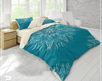 Mandala Bedding Set, Boho teal blue and aqua mandala  Duvet Cover Set, Boho Bedroom Decor, College Bedding, Twin, Full, Queen, King