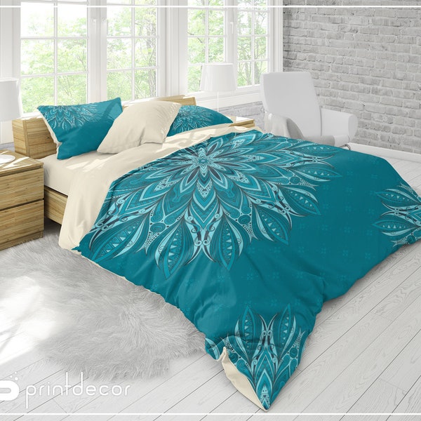 Mandala Bedding Set, Boho teal blue and aqua mandala  Duvet Cover Set, Boho Bedroom Decor, College Bedding, Twin, Full, Queen, King