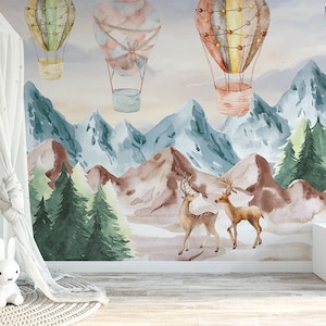 Hot Air Balloons Wallpaper, Nursery WALLPAPER, Mounttain Forest Wall Art, Watercolor Wall Decor, Peel & Stick Mural for Children