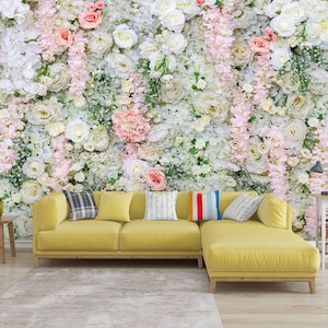 Floral Wall WALLPAPER MURAL, White Flowers Wall Mural, Large Wall Mural, Self Adhesive Peel & Stick Mural, Spring Flowers Wall Covering