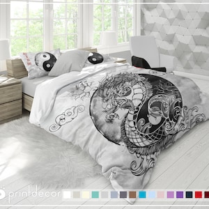 Yin Yang Bedding, Boho Yin Yang Duvet Cover Set, Dragon bedding, Black white yin Yang dragon bedding set